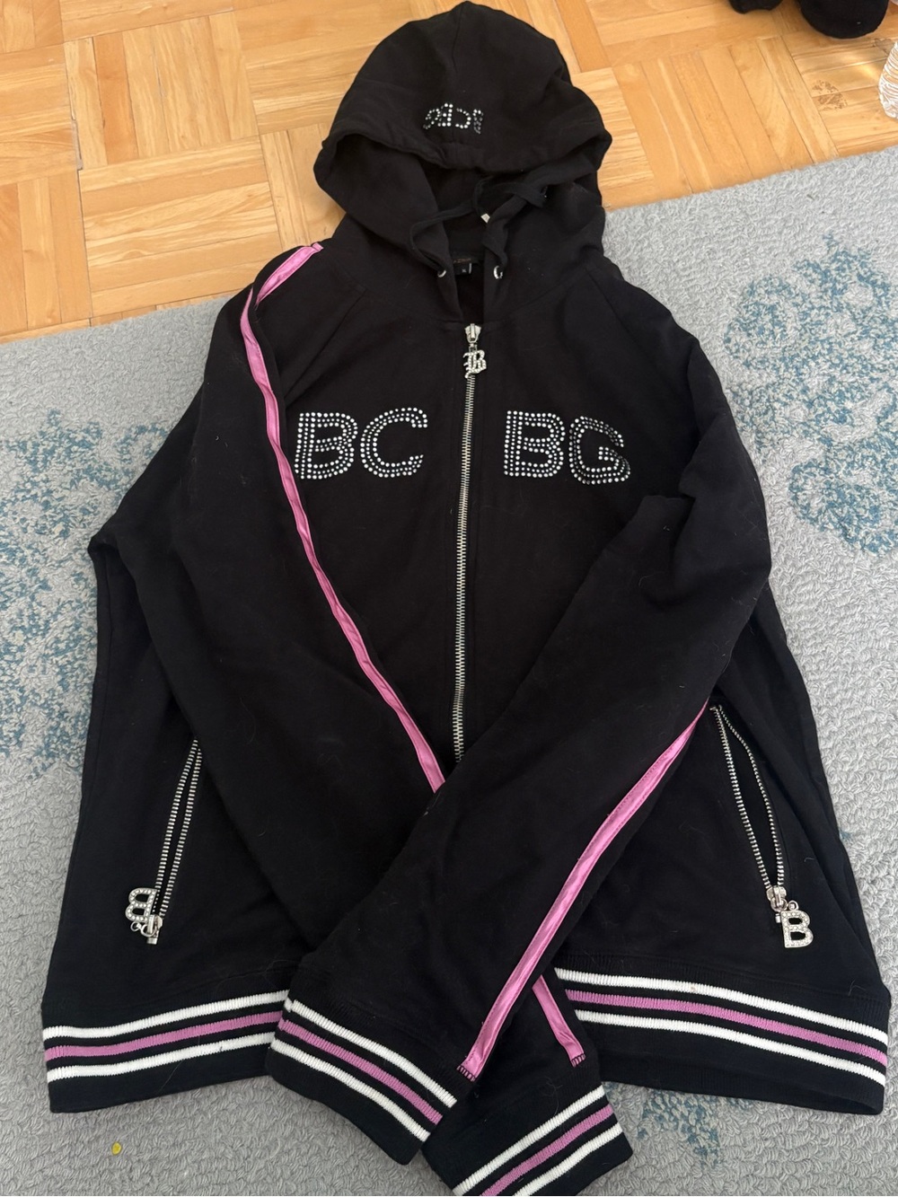 BCBG Vintage Black Hoodie with Pink Stripe and Rhinestone Logo L